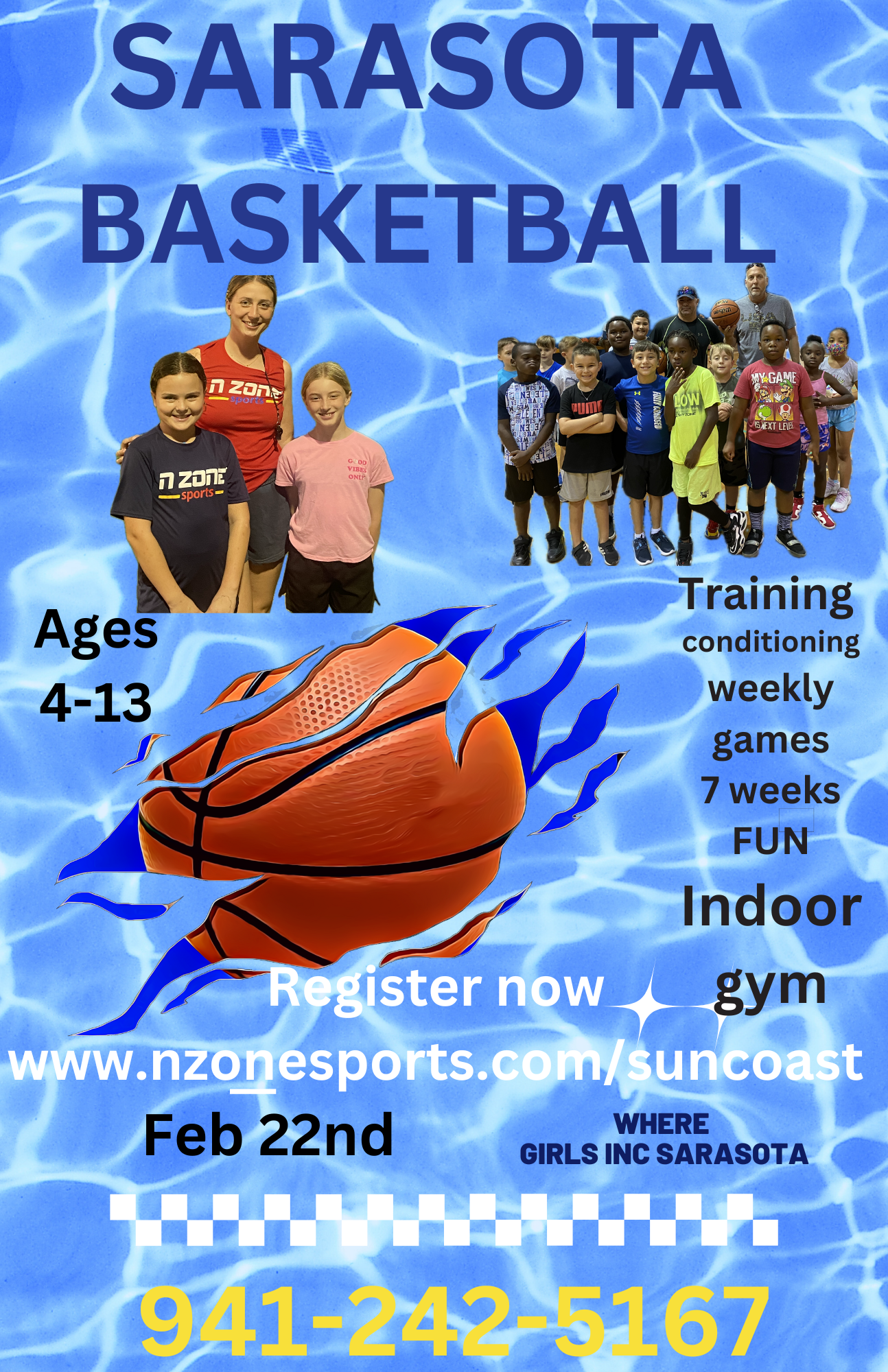 A poster for Sarasota girls basketball, with information on how to register